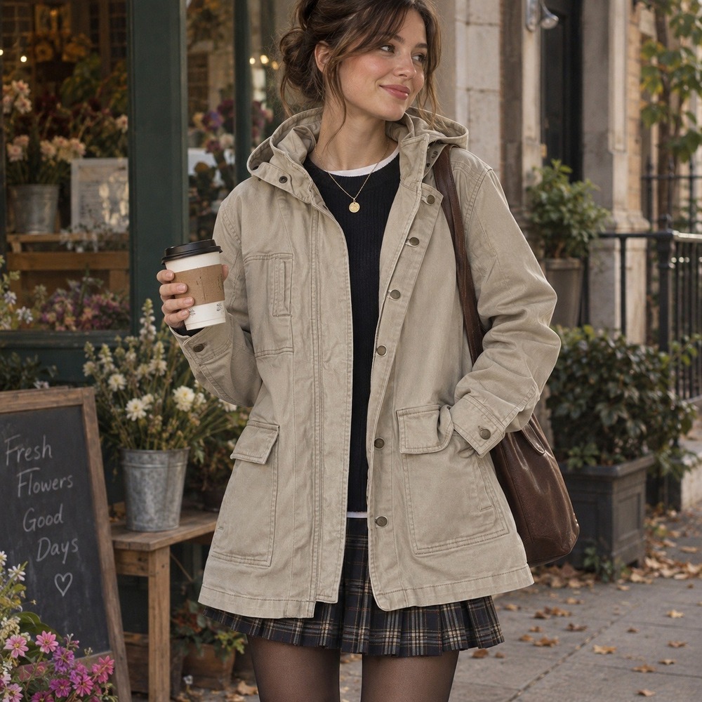 Cabi Hooded Barn Coat Utility Jacket Beige Canvas Outdoor Fall Staple SZ S